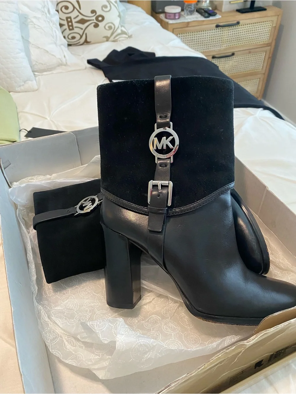 Michael Kors FultonBlack Leather and Suede MK Logo Block Heel Ankle Boot